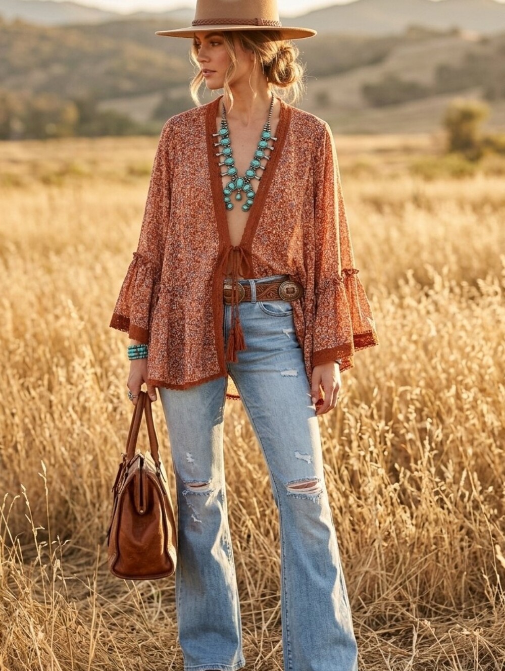Free People Rust Floral Bell Sleeve Crochet Trim Tassel Tie Front Kimono Medium - Picture 1 of 6